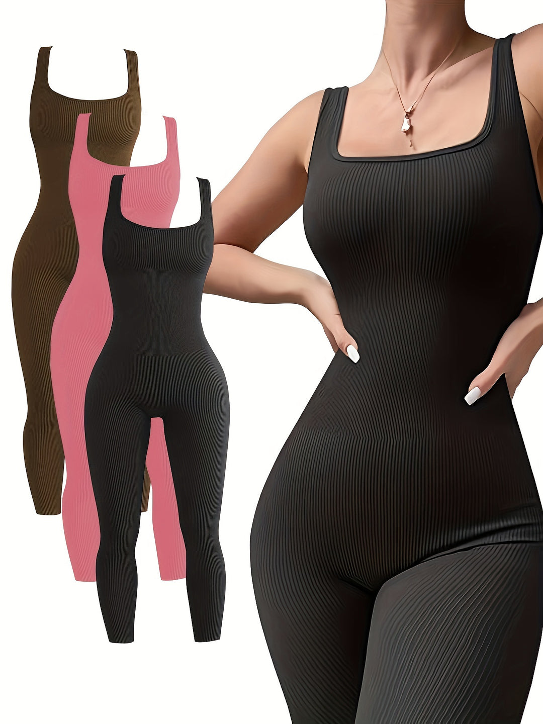 3pcs High Elastic Straps One-piece Ribbed Sports Fashion Bodysuit, Women's Activewear