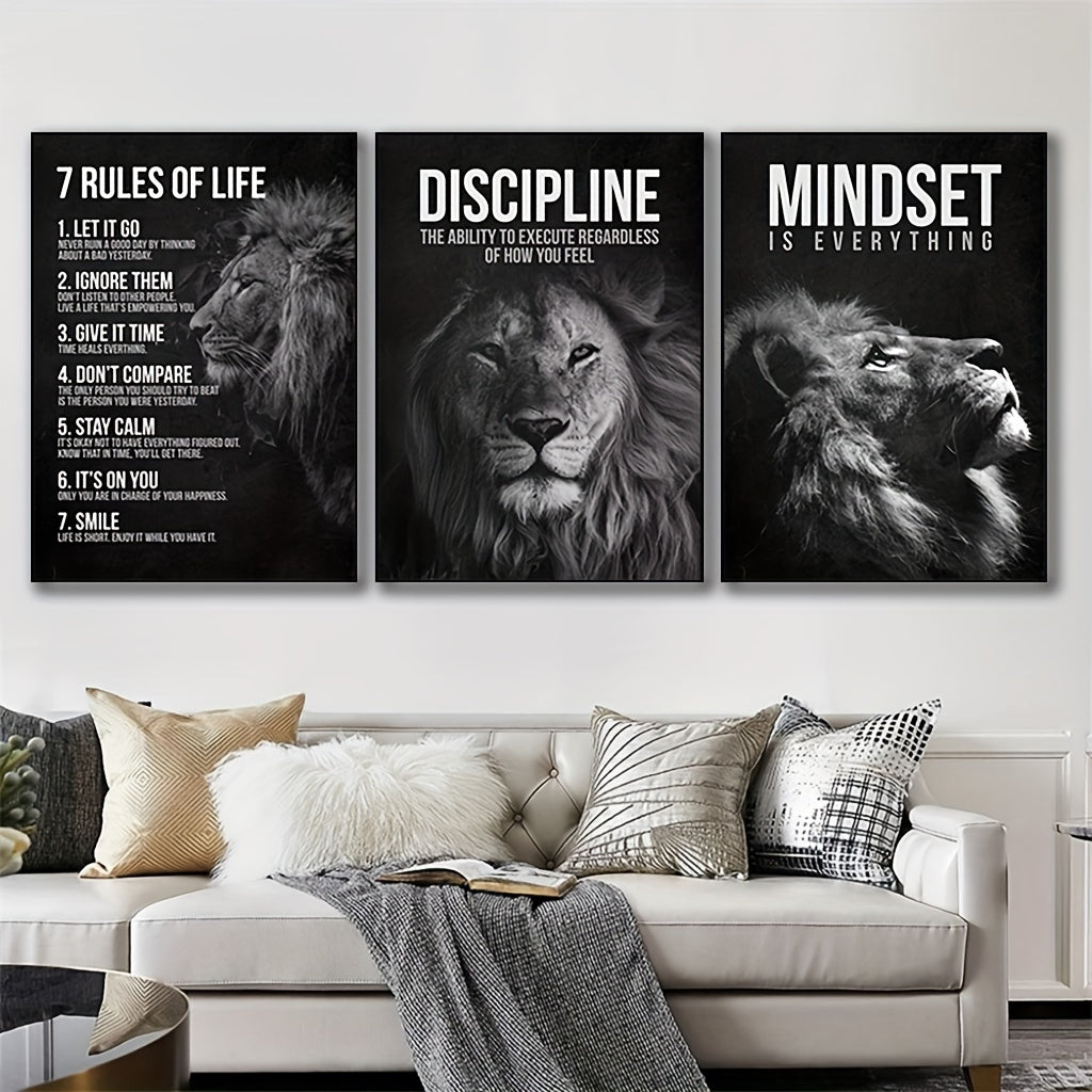 Inspirational Lion King Canvas Poster Prints, Set of 3, Frameless Motivational Wall Art for Home Office, Living Room, Bedroom - Art Deco, Classic, Contemporary Styles, Animal Print Theme, Indoor Portrait Orientation