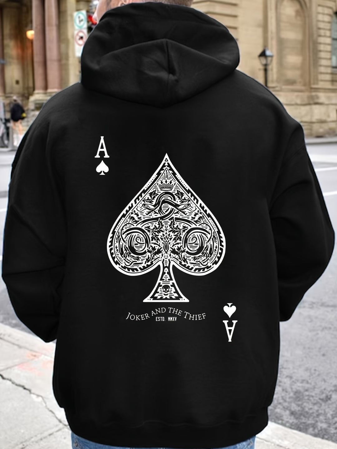 Men's Casual Pullover Hoodie with Geometric Spade Print, Polyester, Regular Fit, Knit Fabric, Pocket Detail, Sports Sweatshirt