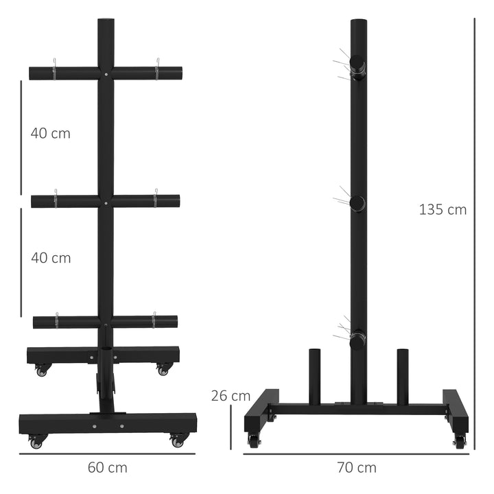 Weight Rack for Olympic Weight Plate, 3 Tier Weight Tree for 2 inch Plates and Bars, Weight Organizer Stand with 4 Transport Wheels and Clamps for Home Gym, Black