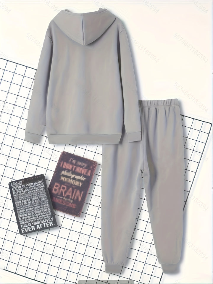 Men's Classic Athletic & Casual Print Hoodie Set - Polyester, Long Sleeve with Drawstring Pants, Perfect for Fall/Winter