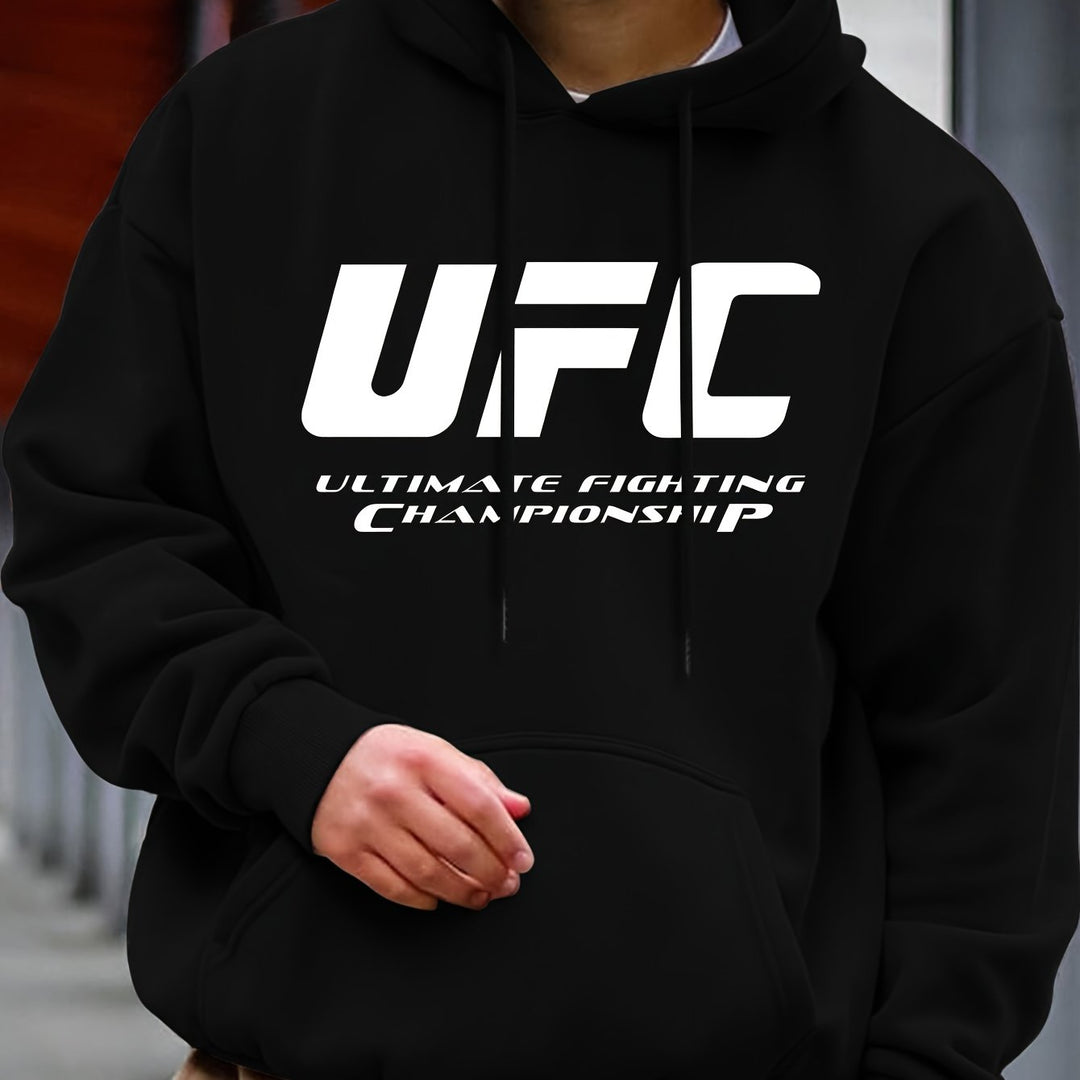 UFC Ultimate Fighting Championship Men'S Casual Polyester Hoodie - Knit Fabric with Slight Stretch, Hooded Collar, Regular Fit, Print Long Sleeve Pullover for Fall/Winter