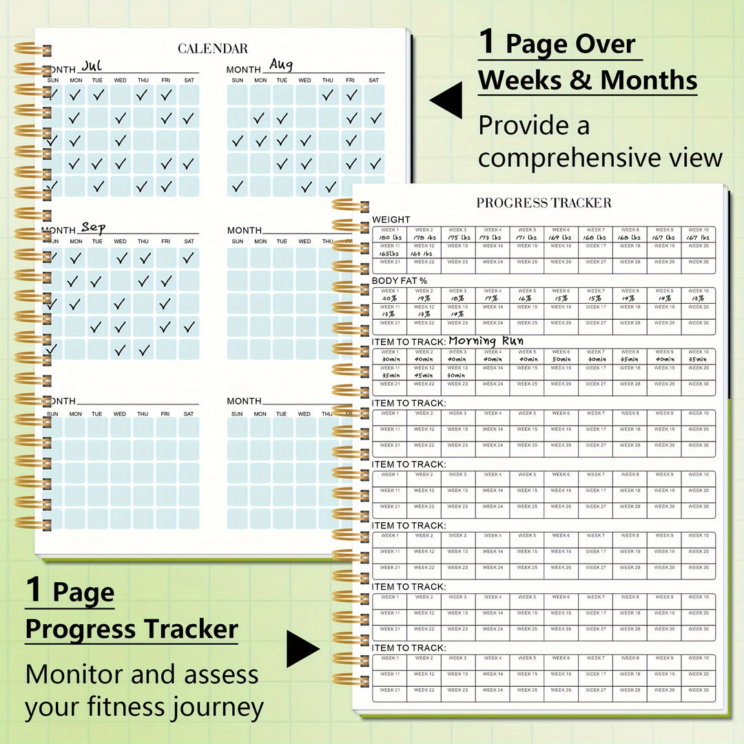 Premium Spiral-Bound Fitness Logbook - Green & Black, 14.61 x 21.01cm, 156 Pages, Thick Paper for Weight Loss, Muscle Gain & Health Tracking