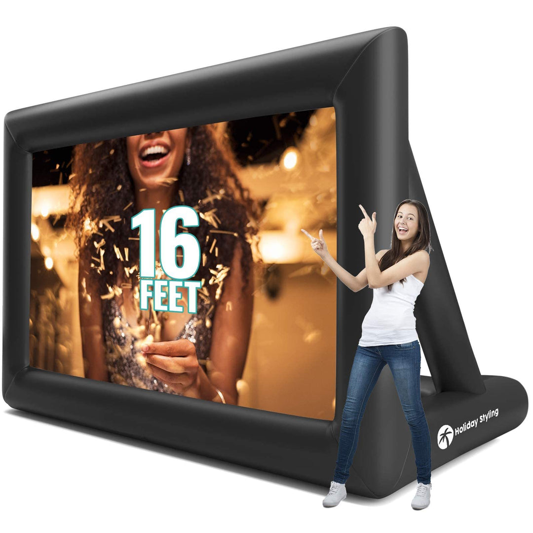 16FT Inflatable Outdoor Projector Screen – 200” Blow Up TV & Movie Screen w. Thick, Airtight Material for Portable Front/Rear Projection - Backyard Movie Night, BBQ, Pool Party