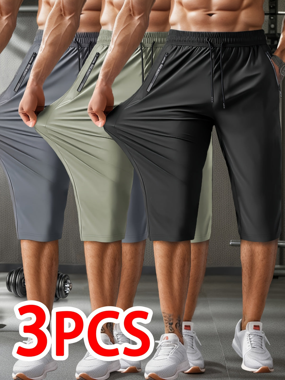 3pcs Men'S Casual Active Polyamide Shorts, High Stretch Knit Fabric, Solid Color, Straight Leg, with Pockets, Elastic Waist with Drawstring