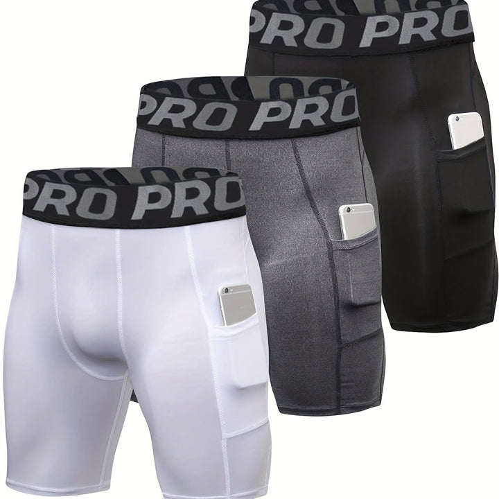 3pcs Men's High-Elastic Compression Shorts - PRO Pro Pro Design, Breathable & Stretchy Fabric, Perfect for Gym, Running & Sports Activities, Black with Side Pockets, Plus Size Shorts