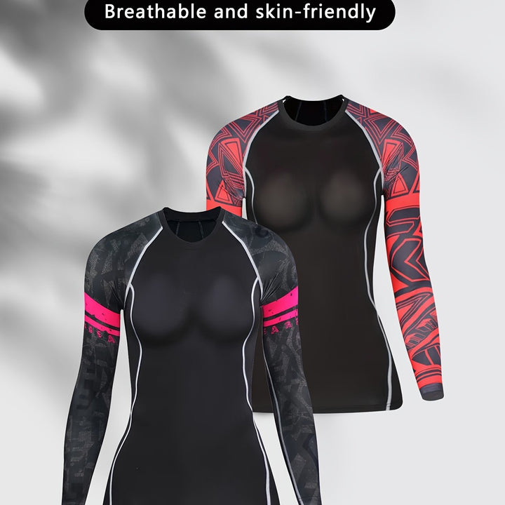 2pcs Women'S Compression Sports Tops, Quick-Dry Long Sleeve Fitness Shirts, Breathable Soft Knit Fabric, Crew Neck, High Stretch Polyester, with Unique Print Design for Yoga & Running