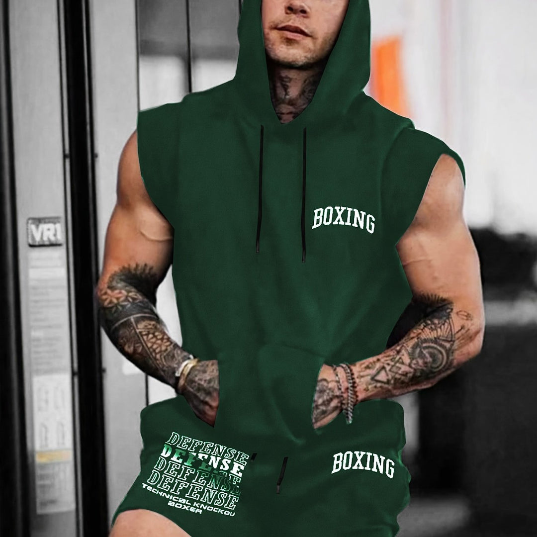 2-piece Men's Summer Sports Set, Novelty Boxing Letter Print Men's Sleeveless Hooded Vest With Kangaroo Pocket & Sports Shorts With Pockets co ord set