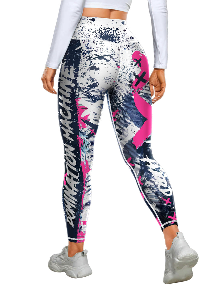 Fashionable Letter Printed High Waist Yoga Leggings - Bold Graffiti Color Block Design, Butt Lifting & Tummy Control, Womens Performance Running Tight Pants