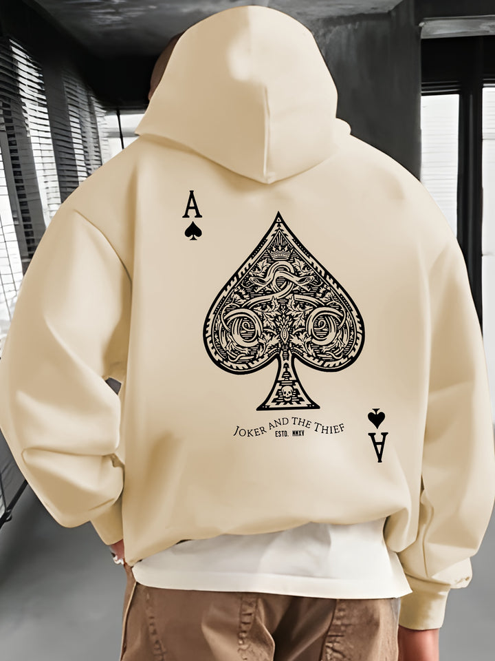 Men's Casual Pullover Hoodie with Geometric Spade Print, Polyester, Regular Fit, Knit Fabric, Pocket Detail, Sports Sweatshirt