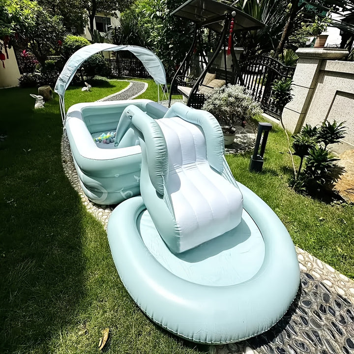 Family Outdoor Swimming Pool with Sunshade, Slide, and Inflatable Castle - Foldable, Thick PVC Material