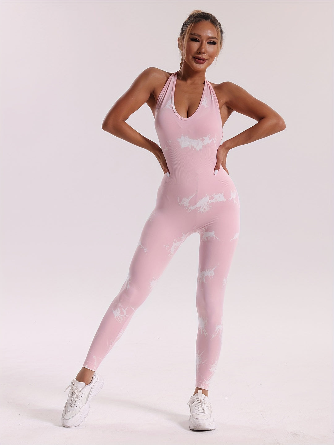 Tie Dye Halter Neck Sports Jumpsuits, Seamless Backless Sexy Yoga Workout Catsuit, Women's Activewear