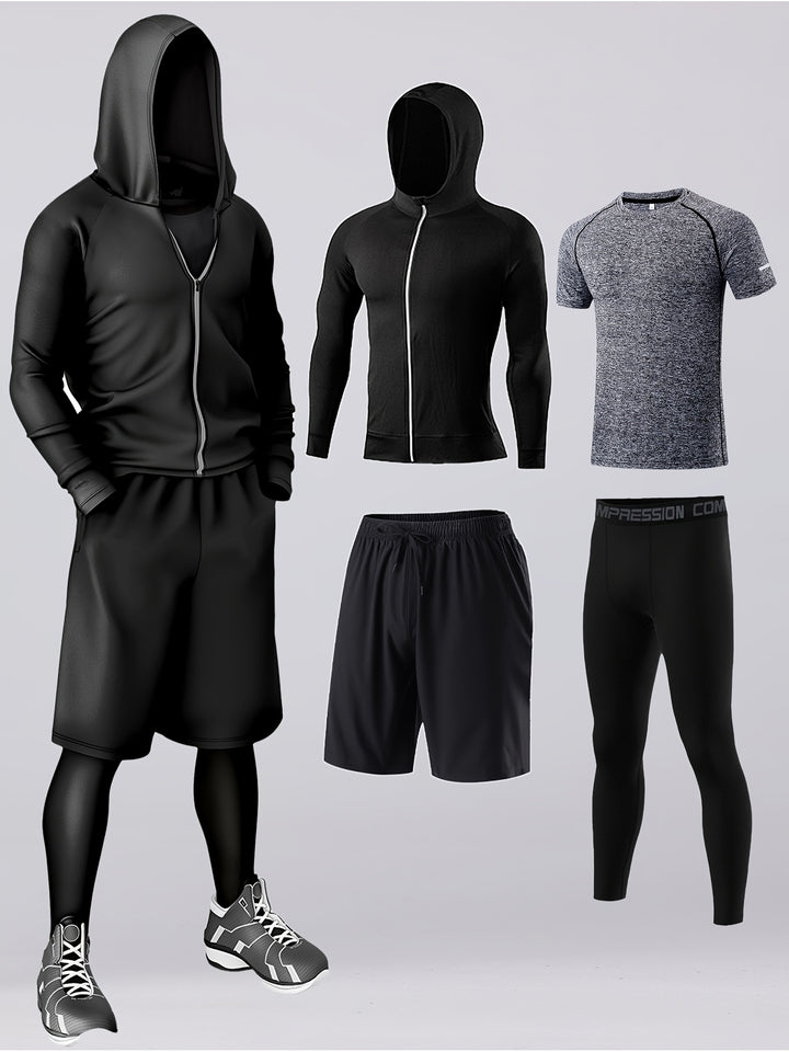 4-Piece Men's Athletic Set - Breathable Quick-Dry Sportswear, Running Gym Cycling Outfit, Casual Comfort Fitness Apparel with Hoodie, Jacket, Shorts & Leggings