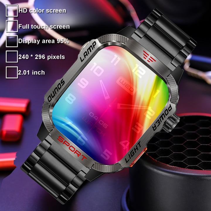 Rugged Smartwatch with Call Function for iPhone & Android, Wireless 5.0, IPS Touchscreen, Alloy Body, Stainless Steel Strap, 2.01" Display, IP68 Waterproof, 600mAh Battery, LED Flashlight, Fitness & Sleep Tracking - 240 x 296