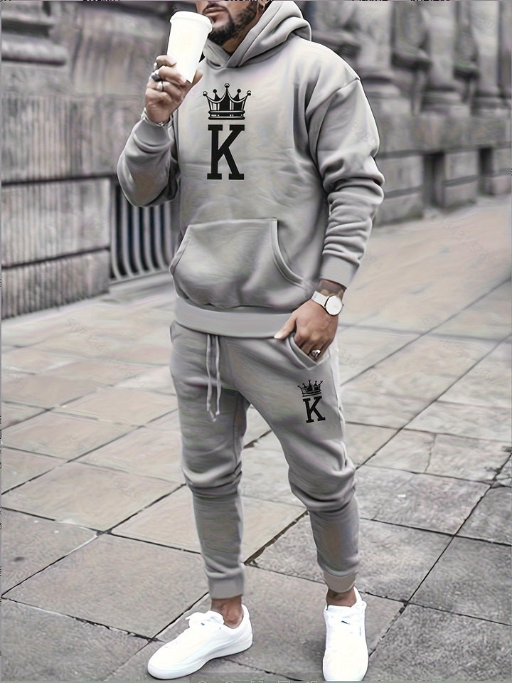 Men's Classic Athletic & Casual Print Hoodie Set - Polyester, Long Sleeve with Drawstring Pants, Perfect for Fall/Winter