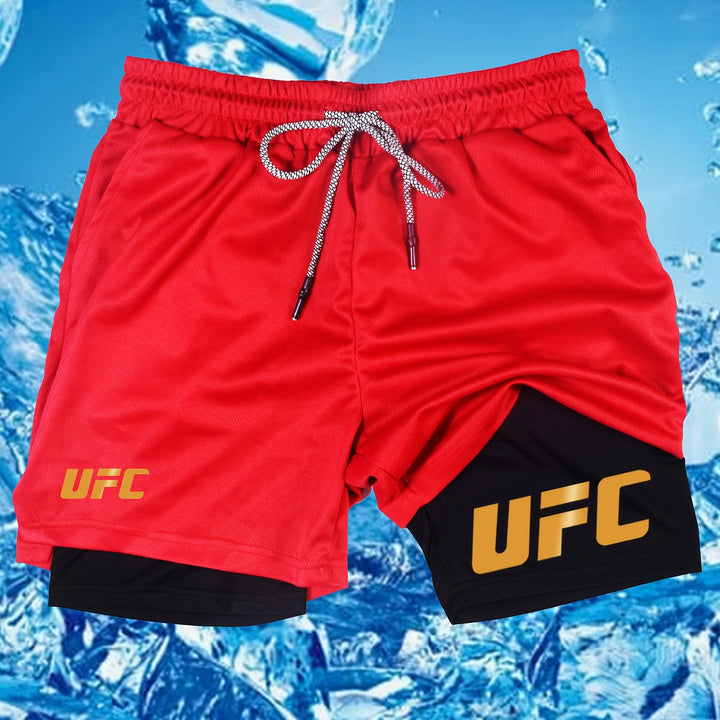 Men's UFC-Inspired Performance Shorts - Black, 100% Polyester with White Drawstring & "UFC" Print, Elastic Waistband, Ideal for Gym, Fitness, Boxing, Hiking, Daily Wear & Sports Activities