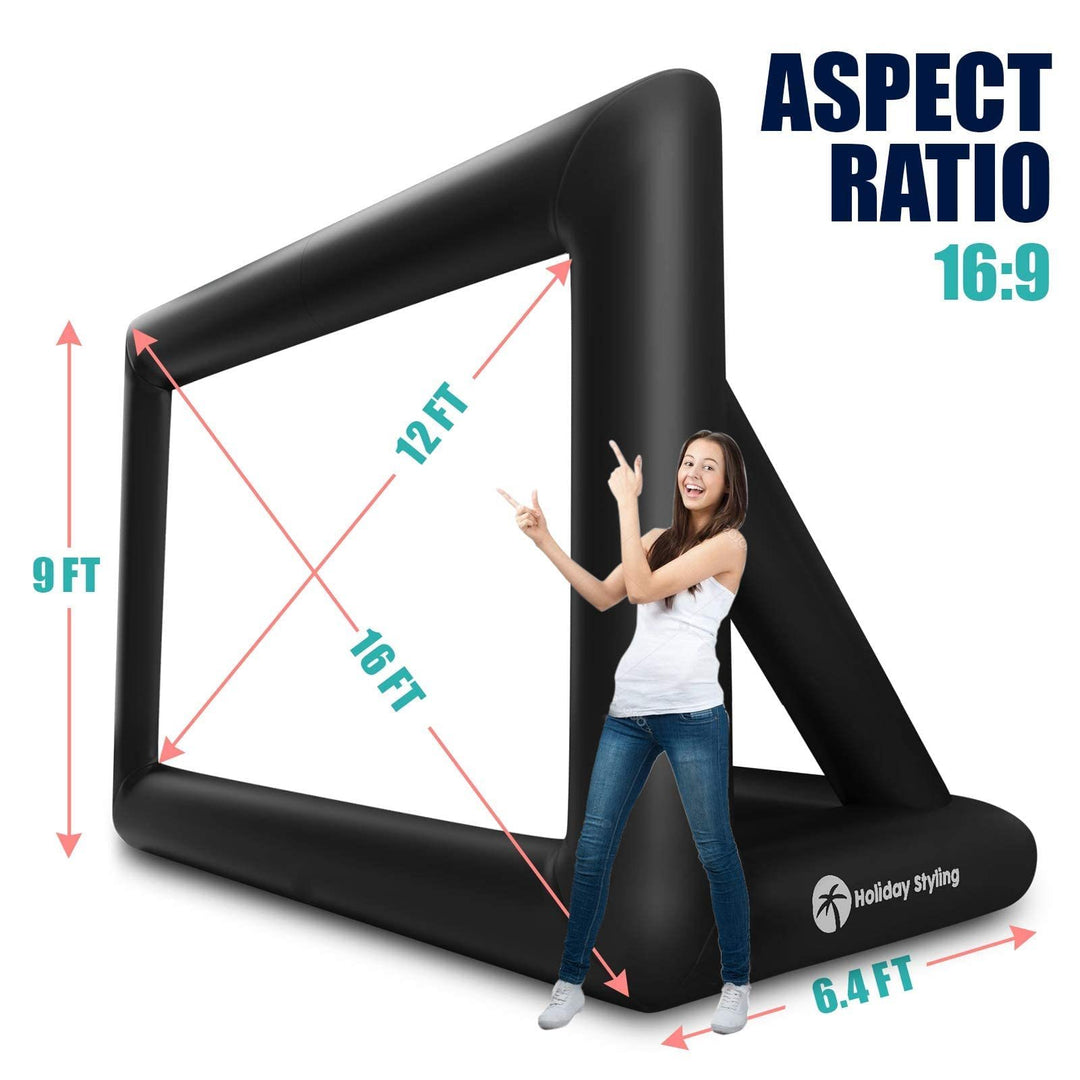 16FT Inflatable Outdoor Projector Screen – 200” Blow Up TV & Movie Screen w. Thick, Airtight Material for Portable Front/Rear Projection - Backyard Movie Night, BBQ, Pool Party