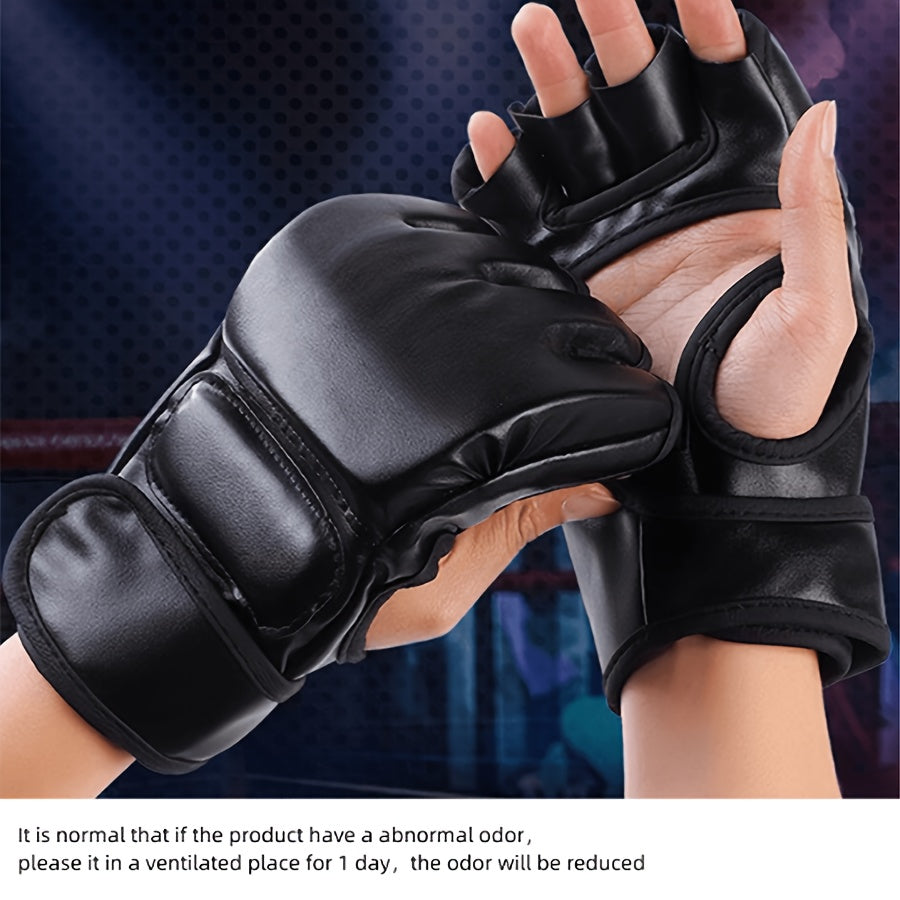 Adult Half-Finger Boxing Gloves - Durable PU Material, Black Knit Design for Sports & Fitness