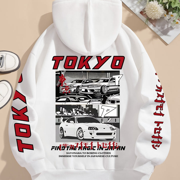 Women'S Casual Hooded Sweatshirt with Graphic Car Print, 100% Polyester Knit Fabric, All-Season Drawstring Hoodie, 250gsm - Fashionable & Comfortable