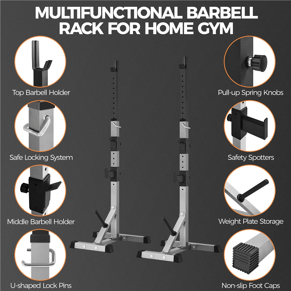 Yaheetech Pair of Adjustable Weights Bar Barbell Rack, Portable Squat Stand with Safety Spotters & Weight Plate Storage for Home Gym