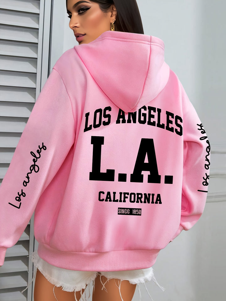 Women'S Plus Size Casual Hoodie with Los Angeles Print, Long Sleeve Pullover Sweatshirt with Pocket, 100% Polyester Knit Fabric, Slight Stretch, Fall/Winter Hooded Clothing