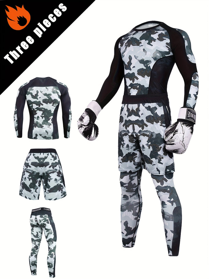 Men's 3pcs Camo Compression Set: Breathable, Non-Stick Athletic Gear for Outdoor & Training - Includes Long Sleeve Top, Shorts & Leggings