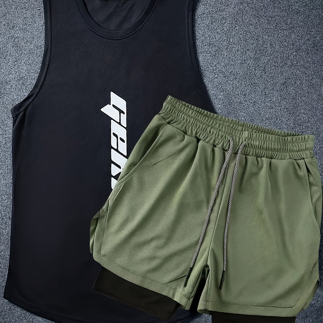 Men's Summer Fashion 2-pack Co Ord Set Of Sportswear, Letter Print Tank Top & 2 In 1 Drawstring Shorts, Chic And Stylish Set For Fitness Running And Training Wear