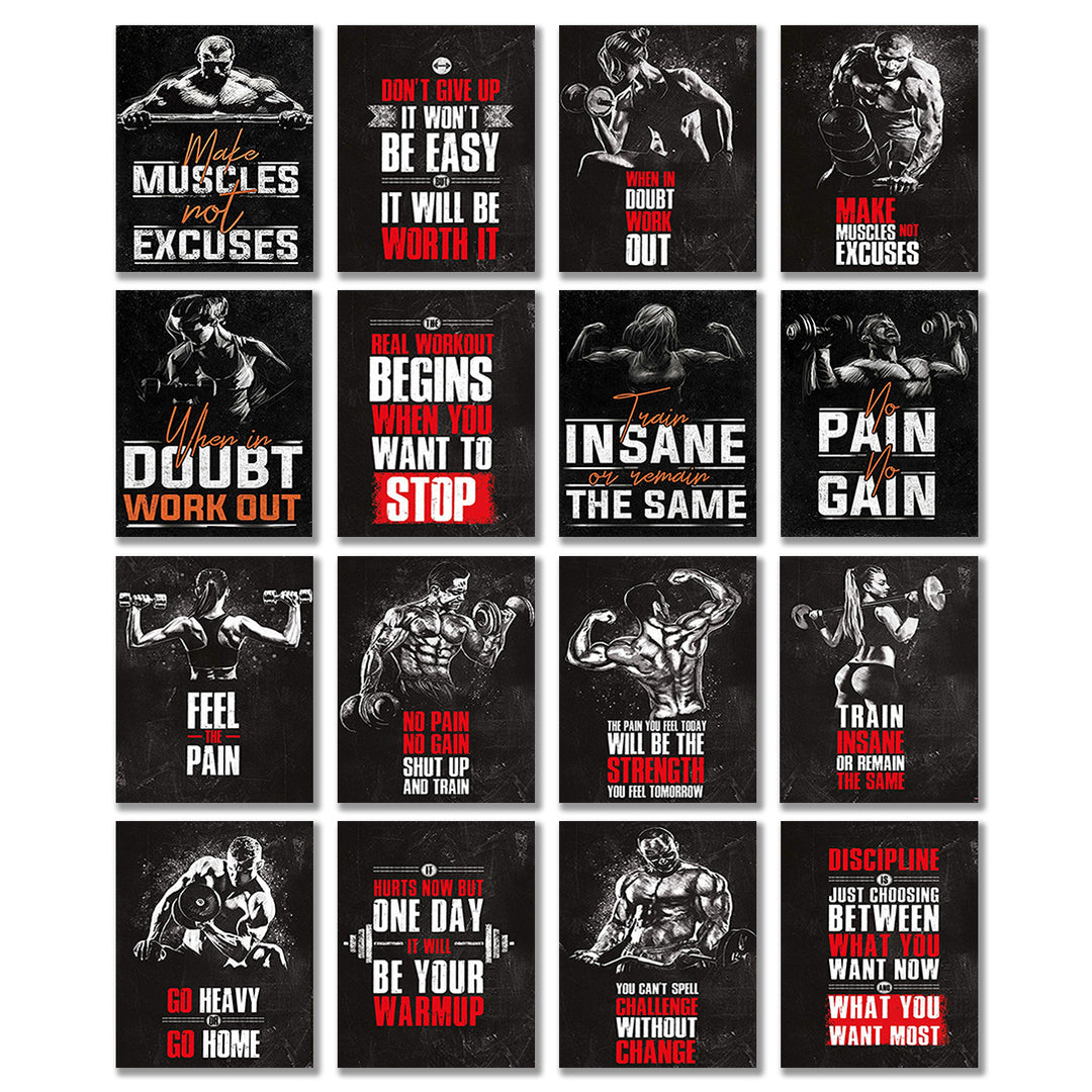 Room Decor 16-Pack Inspirational Gym Posters, Frameless Motivational Quotes Wall Art, 20.32x25.4 cm, Paper Material, Fitness & Weightlifting Decor for Home, Office, and Classroom