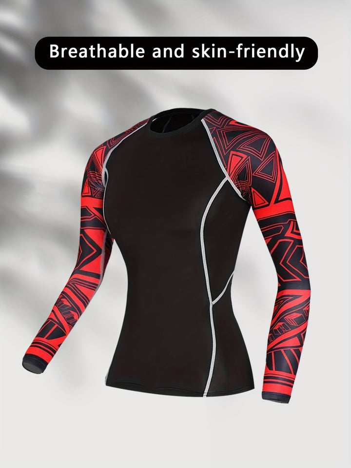 2pcs Women'S Compression Sports Tops, Quick-Dry Long Sleeve Fitness Shirts, Breathable Soft Knit Fabric, Crew Neck, High Stretch Polyester, with Unique Print Design for Yoga & Running