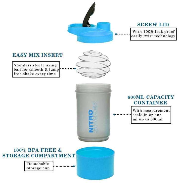 600Ml Protein Shaker with Mixing Ball and Storage Compartments BLUE Gym Bottle