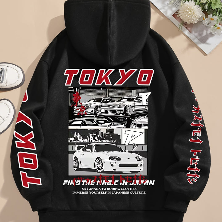 Women'S Casual Hooded Sweatshirt with Graphic Car Print, 100% Polyester Knit Fabric, All-Season Drawstring Hoodie, 250gsm - Fashionable & Comfortable