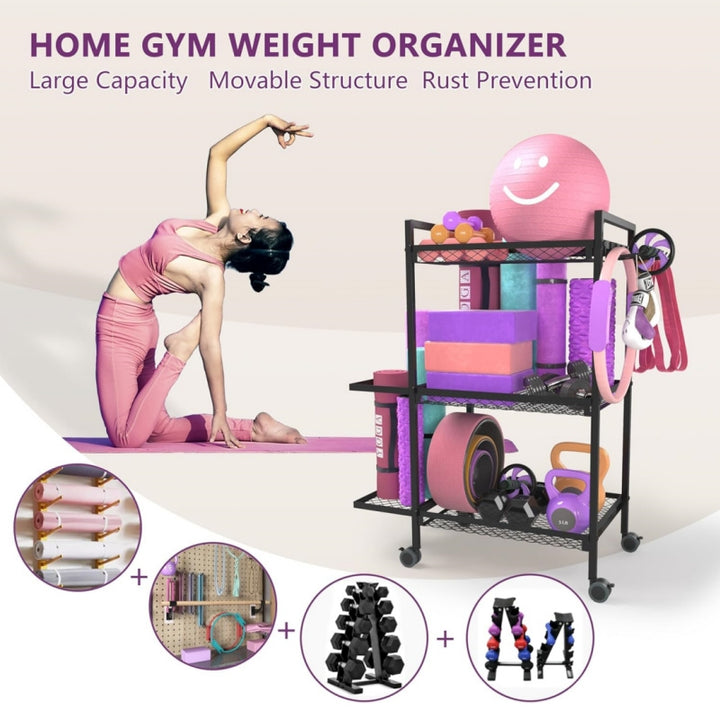 Dumbbell Rack, Yoga Mat Storage Rack, Workout Equipment Storage Rack for Dumbbells Kettlebells Yoga Mat and Balls, Home Gym Storage Organizer with Hooks and Wheels