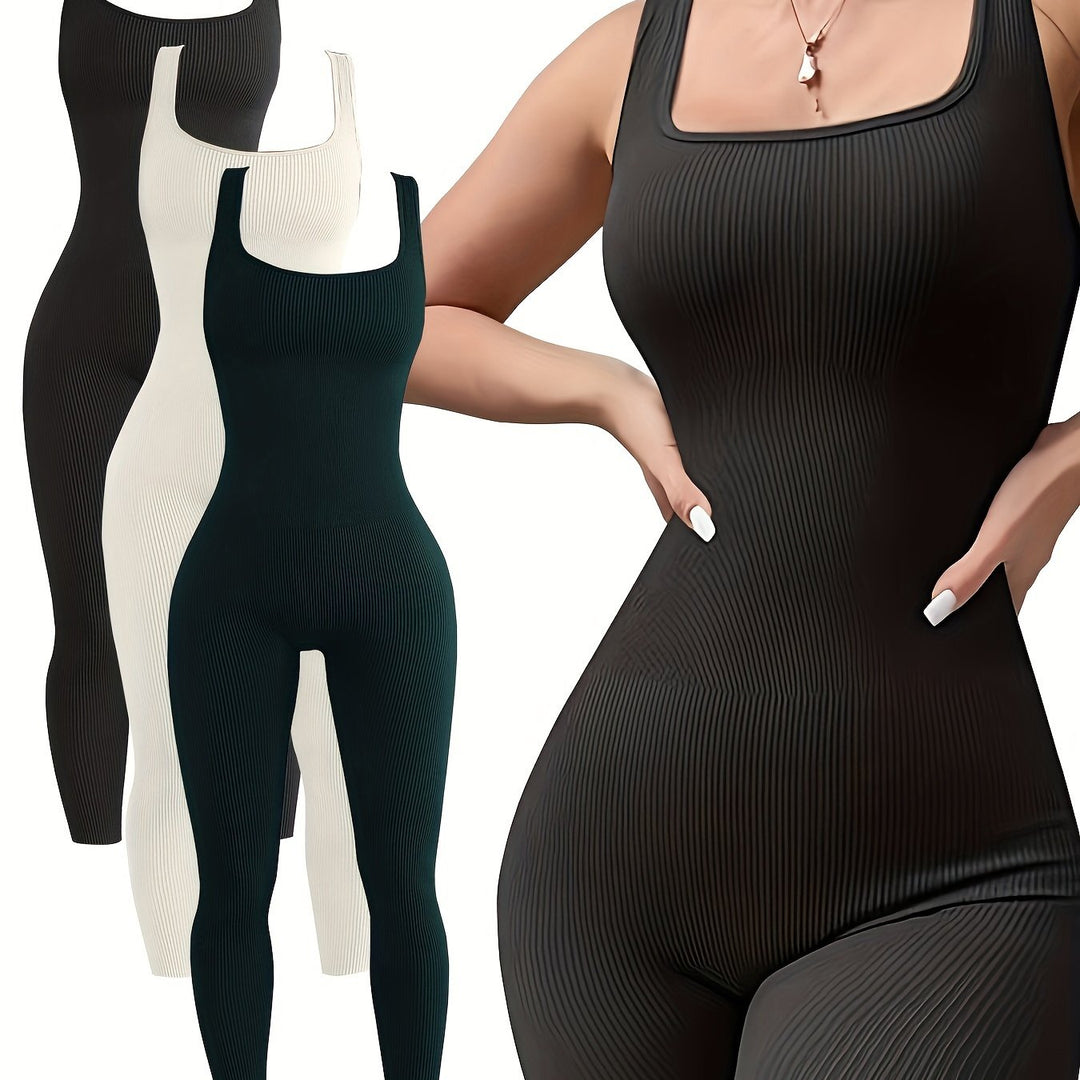 3pcs High Elastic Straps One-piece Ribbed Sports Fashion Bodysuit, Women's Activewear