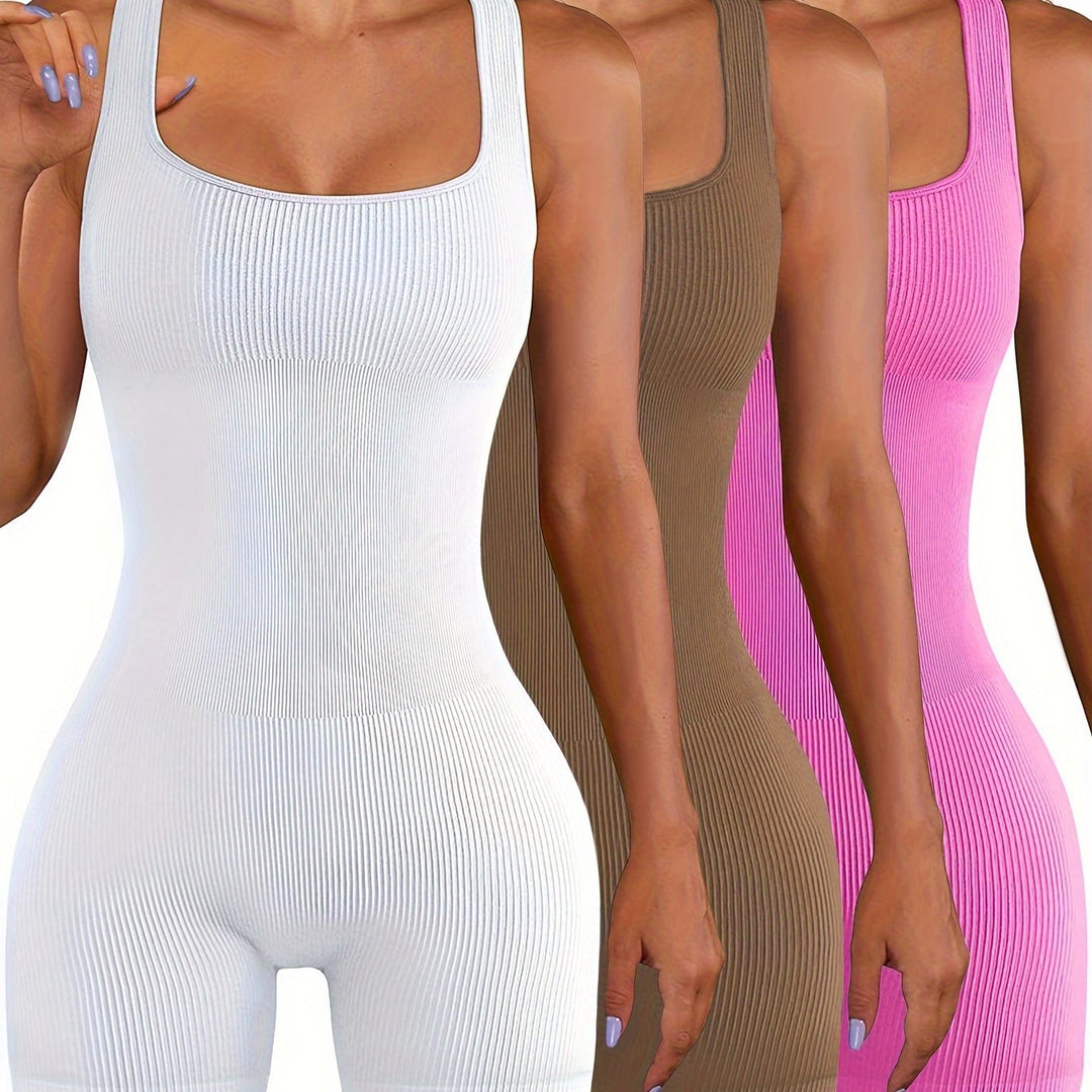 3pcs Women's Solid Color Sleeveless Yoga Jumpsuits, Seamless Ribbed Knit Gym Bodysuits, Casual Athletic Tank Rompers