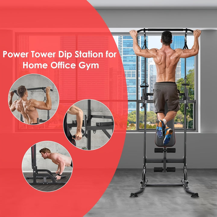 1pc LIFERUN Multifunctional Iron Power Tower Dip Station with Foldable Bench and Pull-Up Bar - Door Mount Strength Training Equipment for Home Gym, Includes Training Bands, 200KG Load Capacity