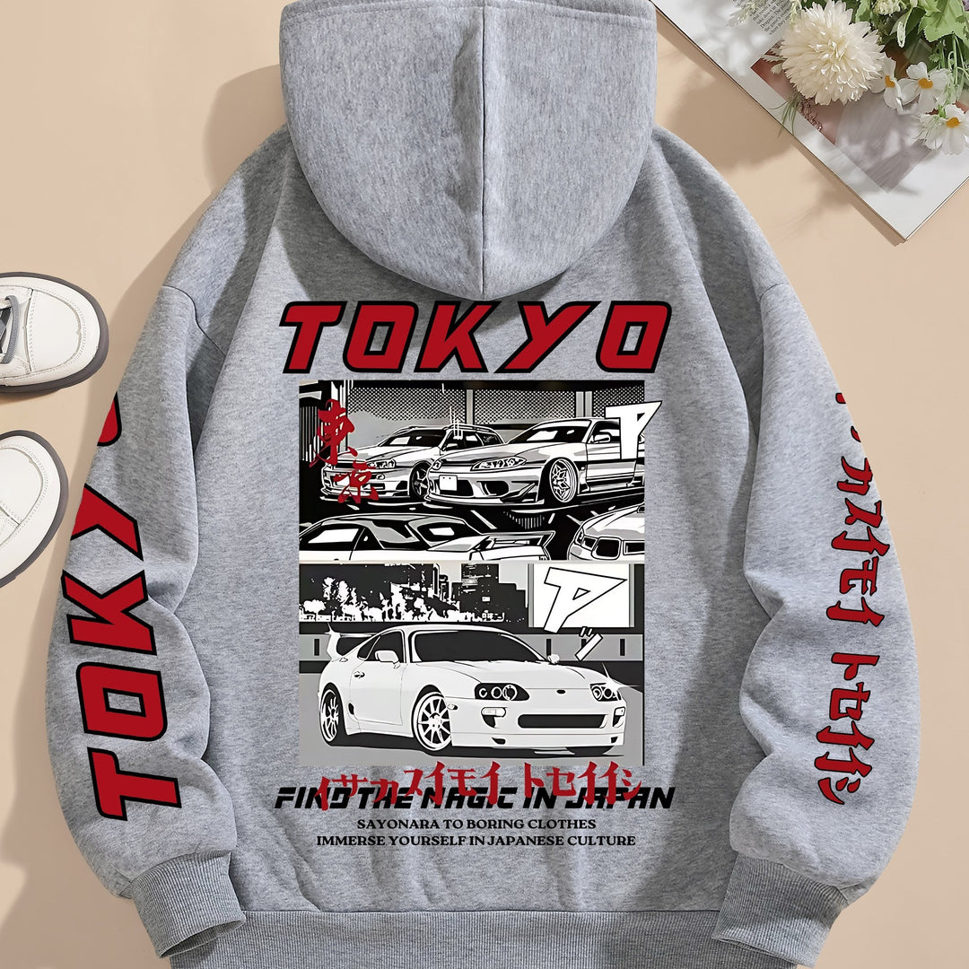 Women'S Casual Hooded Sweatshirt with Graphic Car Print, 100% Polyester Knit Fabric, All-Season Drawstring Hoodie, 250gsm - Fashionable & Comfortable