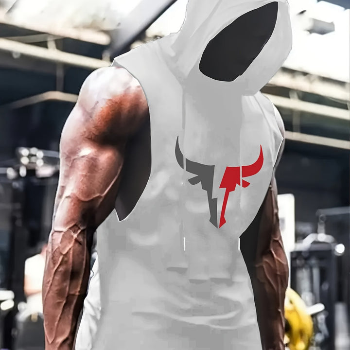 1pc Men'S Casual Polyester Hooded Workout Tank Top with Bull Horn Print, Regular Fit Sleeveless Athletic Gym Shirt