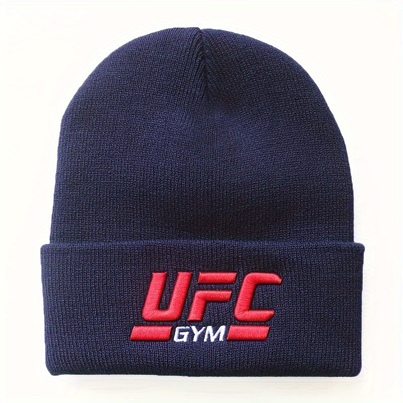 1pc Men's UFC-Inspired Knit Beanie - Black with Red & White Logo, 100% Acrylic, Stretchy Ribbed Winter Sports Hat, Hip Hop Style