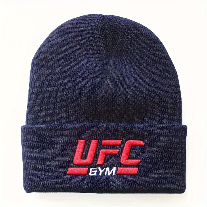 1pc Men's UFC-Inspired Knit Beanie - Black with Red & White Logo, 100% Acrylic, Stretchy Ribbed Winter Sports Hat, Hip Hop Style