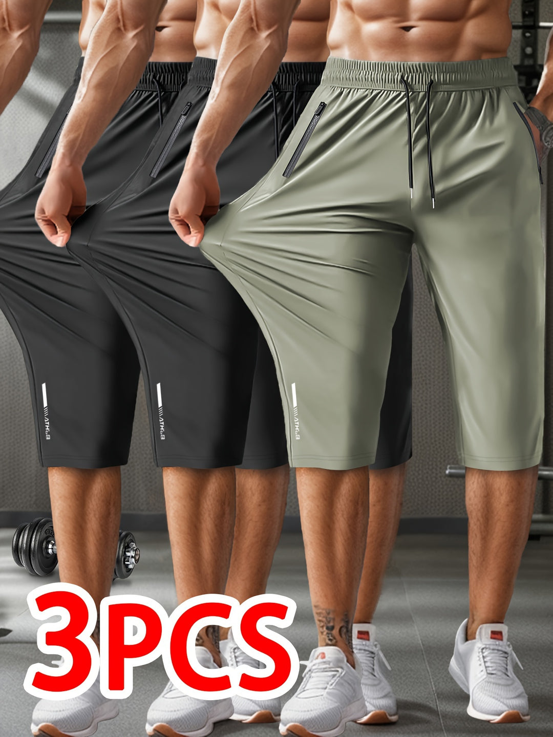 3pcs Men'S Casual Active Polyamide Shorts, High Stretch Knit Fabric, Solid Color, Straight Leg, with Pockets, Elastic Waist with Drawstring