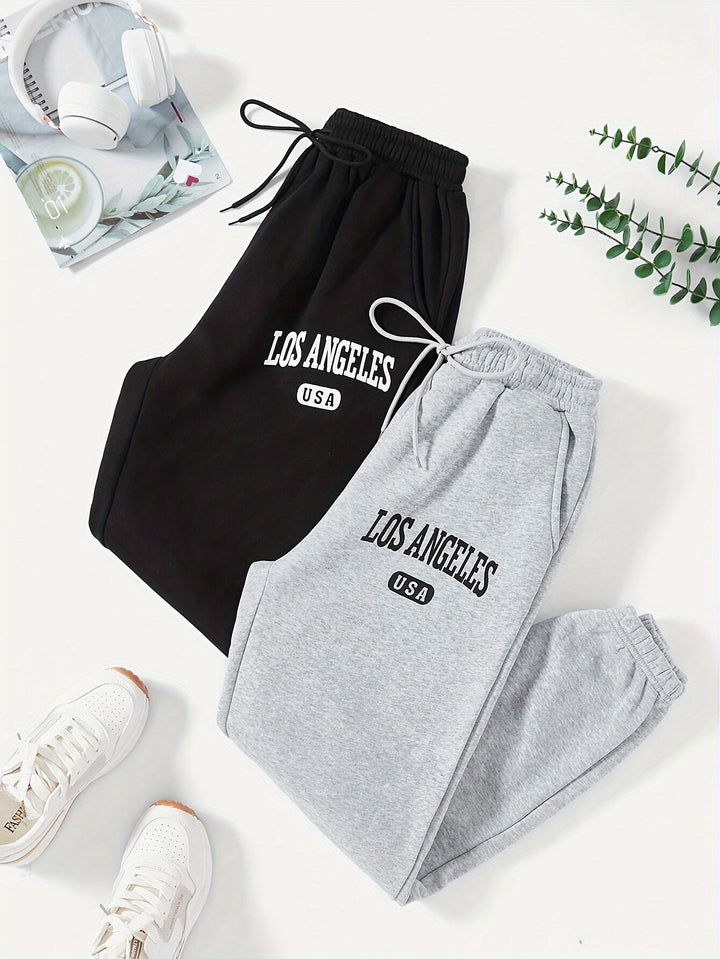 2-Pack Los Angeles USA Print Plush-Lined Sweatpants For Women, Casual Streetwear Jogger, Elastic Waist Drawstring, Athletic Pants Set, For Fall & Winter