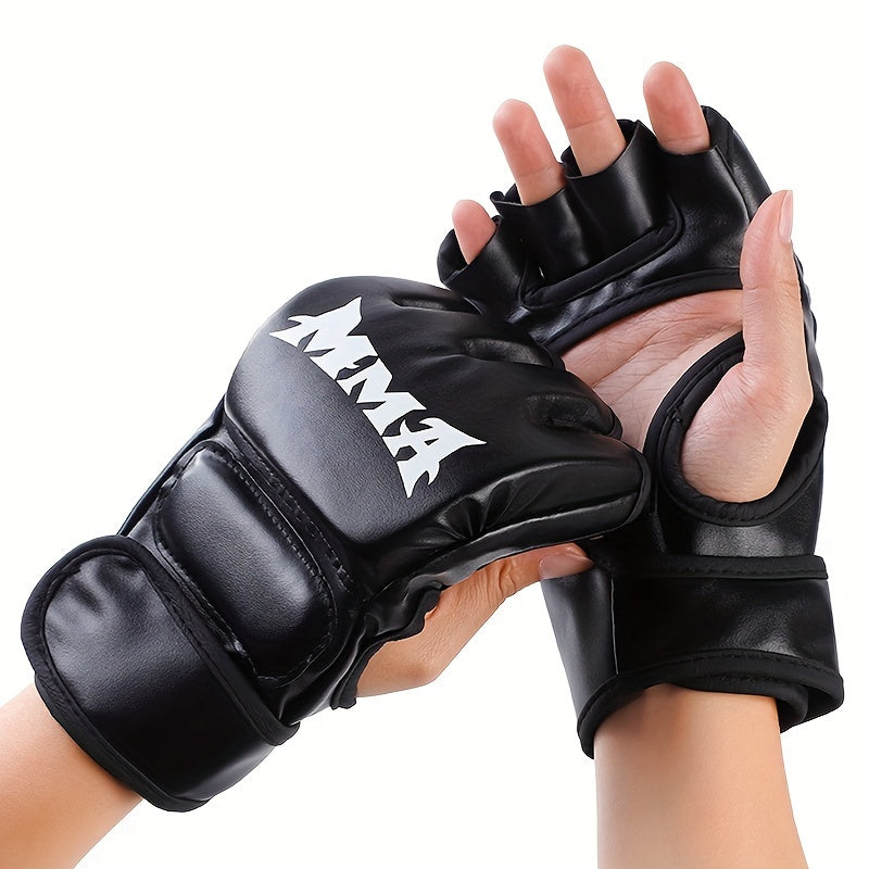 1 Pair Adult Half-Finger MMA Boxing Gloves with Hook & Loop Closure - Durable PU Material, Available in White/Red/Black