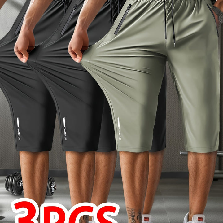 3pcs Men'S Casual Active Polyamide Shorts, High Stretch Knit Fabric, Solid Color, Straight Leg, with Pockets, Elastic Waist with Drawstring