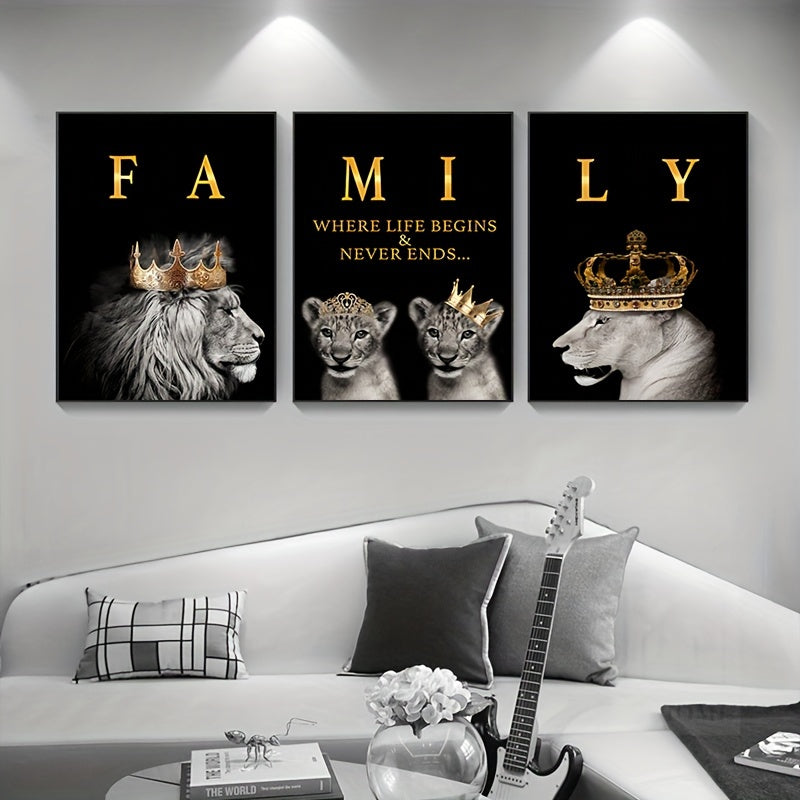 3pcs 15.7*23.6in/40cm*60cm Frameless Modern Abstract Family Of Lions Motivational Quotes Wall Art Canvas Painting Art for Living Room Cuadros Decor No Frame