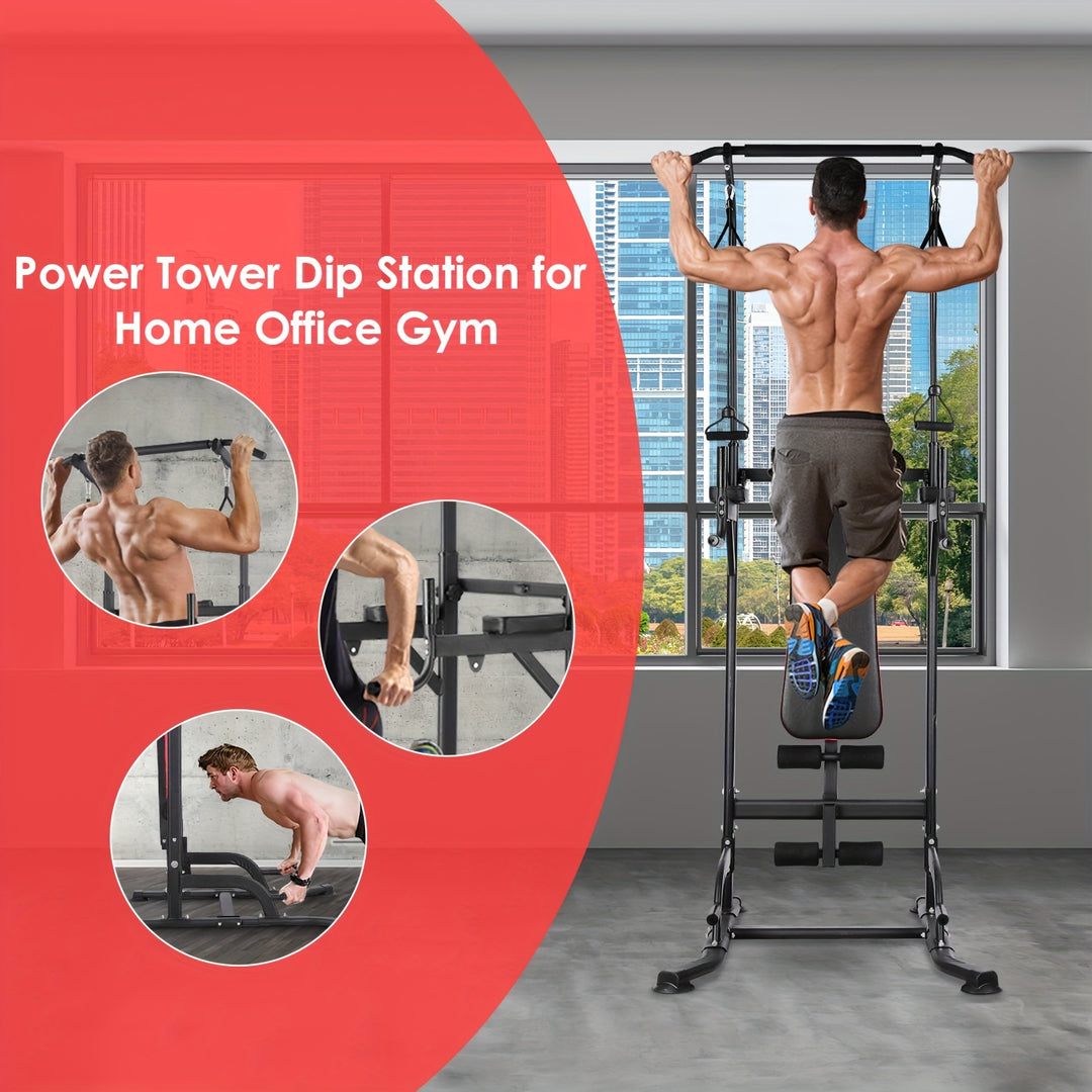 1pc LIFERUN Multifunctional Iron Power Tower Dip Station with Foldable Bench and Pull-Up Bar - Door Mount Strength Training Equipment for Home Gym, Includes Training Bands, 200KG Load Capacity