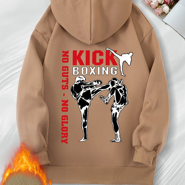 Women's Casual Boxing Print Fleece-Lined Hoodie with Drawstring & Kangaroo Pocket - Cozy Long Sleeve Pullover, Machine Washable