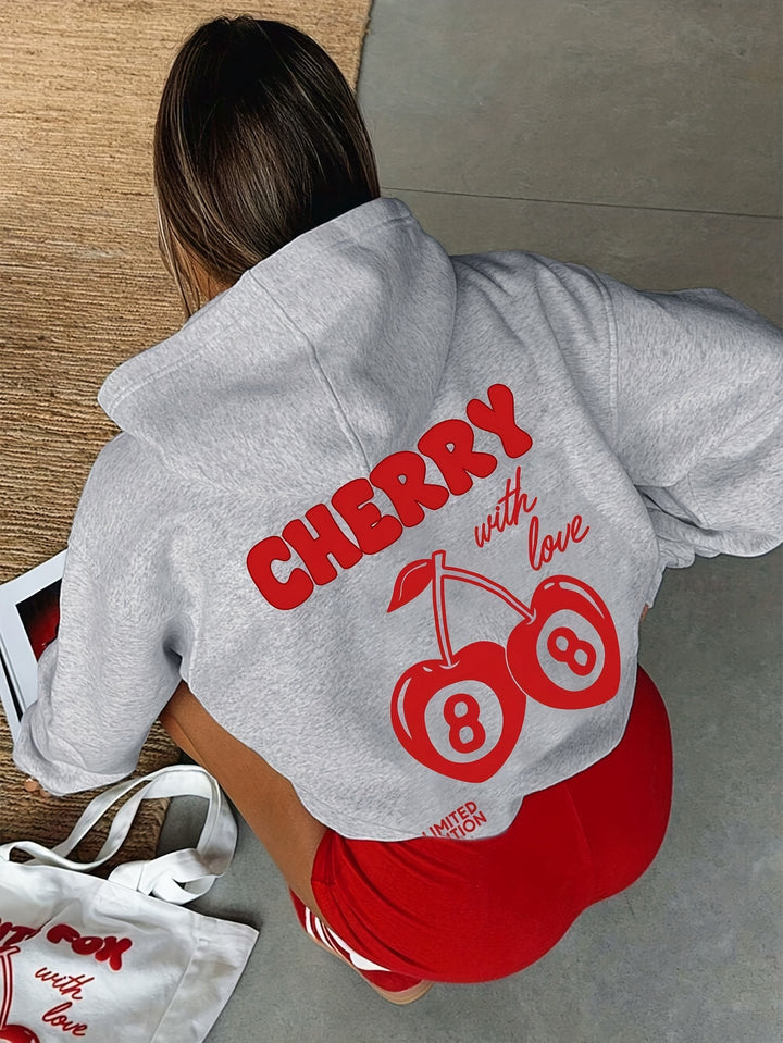 [Popular Choice] Women's Casual Cherry & Letter Print Hoodie - Long Sleeve, Drawstring, Polyester, Machine Washable for Fall/Winter, Casual, Sports Shirt