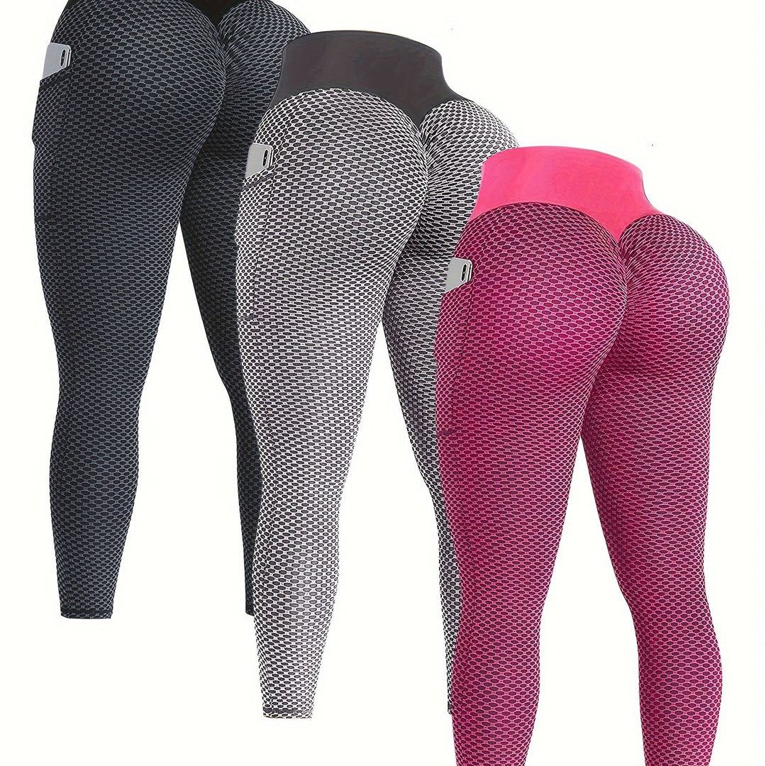 3Pcs High Waist Butt Lifting Slimming Yoga Leggings, Seamless Wide Waistband With Side Pocket, Women's Activewear