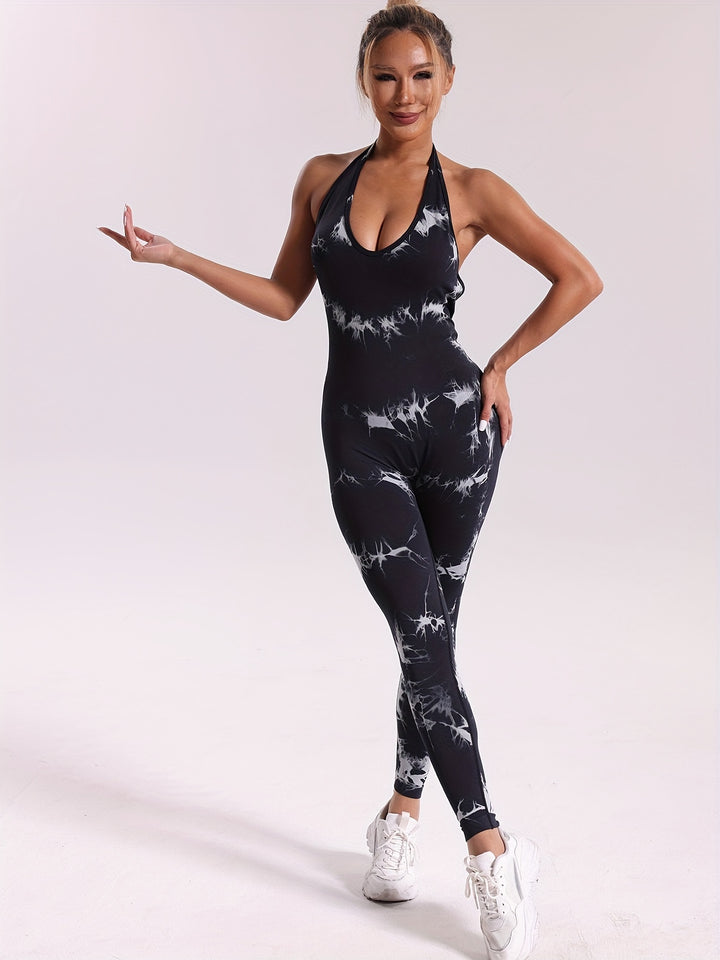 Tie Dye Halter Neck Sports Jumpsuits, Seamless Backless Sexy Yoga Workout Catsuit, Women's Activewear