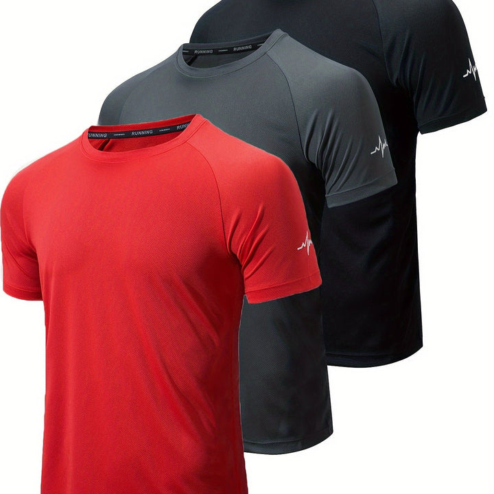 3pcs Men's Athletic Short Sleeve Crew Neck Moisture-wicking Shirts, Undershirt With Sleeve Electrocardiography Print, Sports Comfy Tee